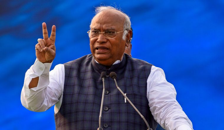 Congress President Mallikarjun Kharge addresses the gathering during the Telangana Congress Booth Level Convention, in Hyderabad, on January 25, 2024